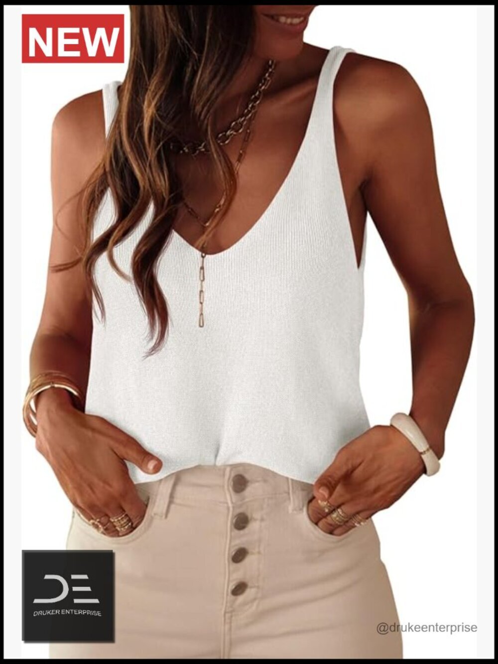 Ribbed Knit V-Neck Sleeveless Tank Top Loose Fit Summer Camisole
